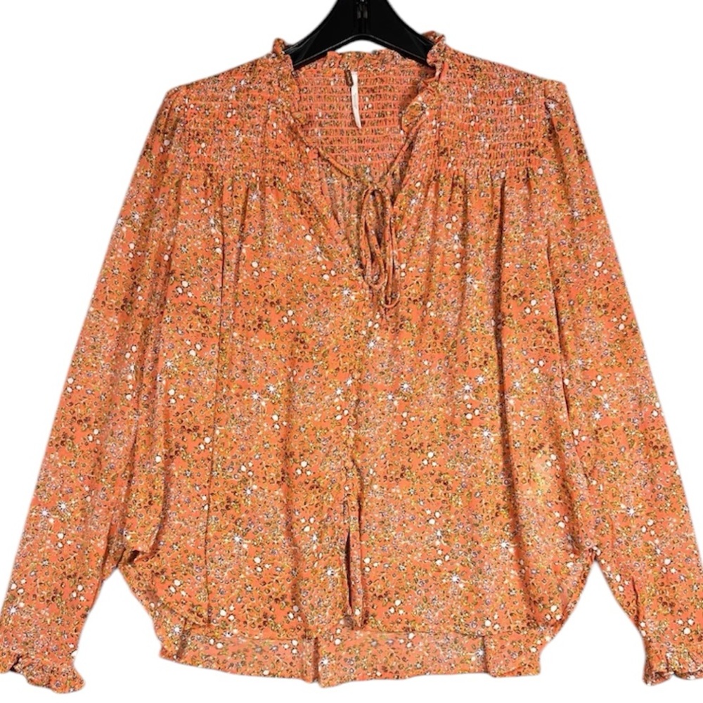 Free People Lela Floral Smocked Chiffon Peasant Blouse XS